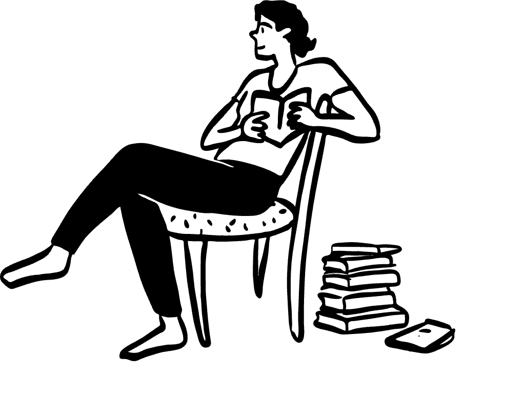 Reading. A character sitted and reading